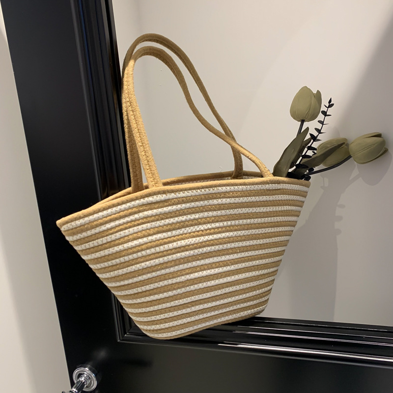 Stroh-Handtasche im Frühlings-Design ⎜ Große Kapazität mit Modernem Kontrastfarben-Look