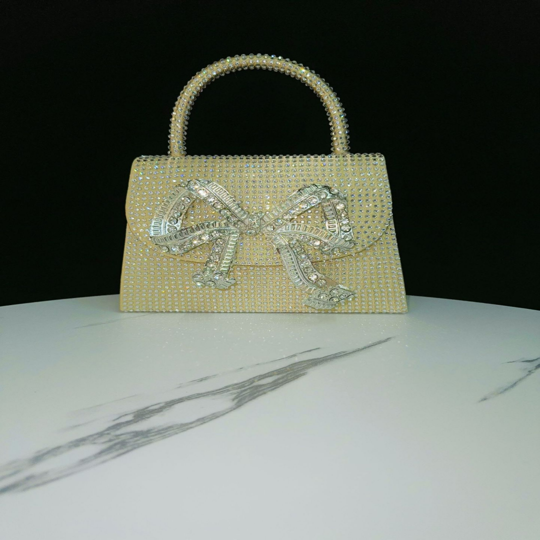 Abendtasche mit Strassbesatz ⎜ Glitzernde Handtasche für Damen mit Schleifendetail und Abnehmbarem Schulterriemen