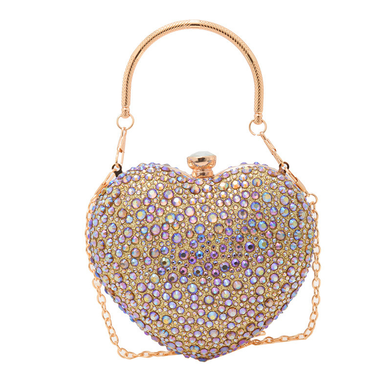 Abendtasche im Herz-Design ⎜ Glitzernde Handtasche mit Diamantenbesatz und Goldener Kette