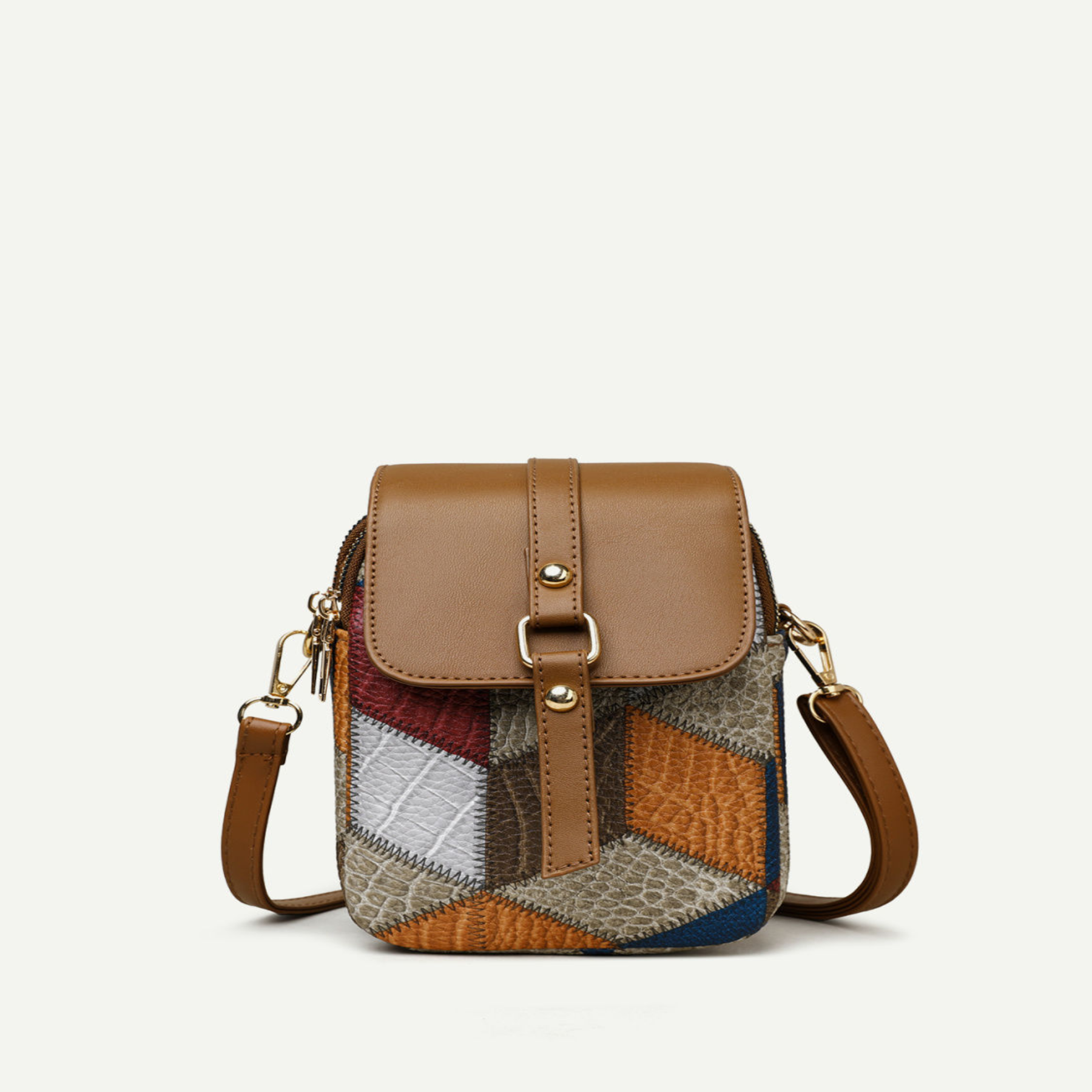 Crossbody Umhängetasche für Damen ⎜ Kompakte Schultertasche mit Handyfach und modernem Patchwork-Design