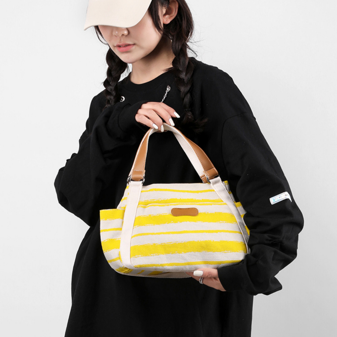 Canvas Schultertasche für Damen ⎜ Große Tasche mit Streifen und viel Stauraum für Alltag und Reise