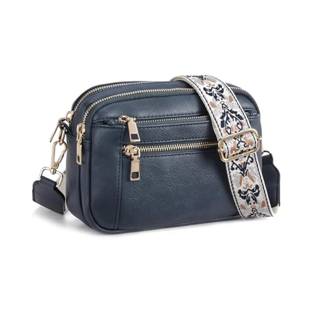 Umhängetasche für Damen ⎜ Kompakte Crossbody Tasche mit mehreren Reißverschlussfächern und breitem Ethno-Riemen