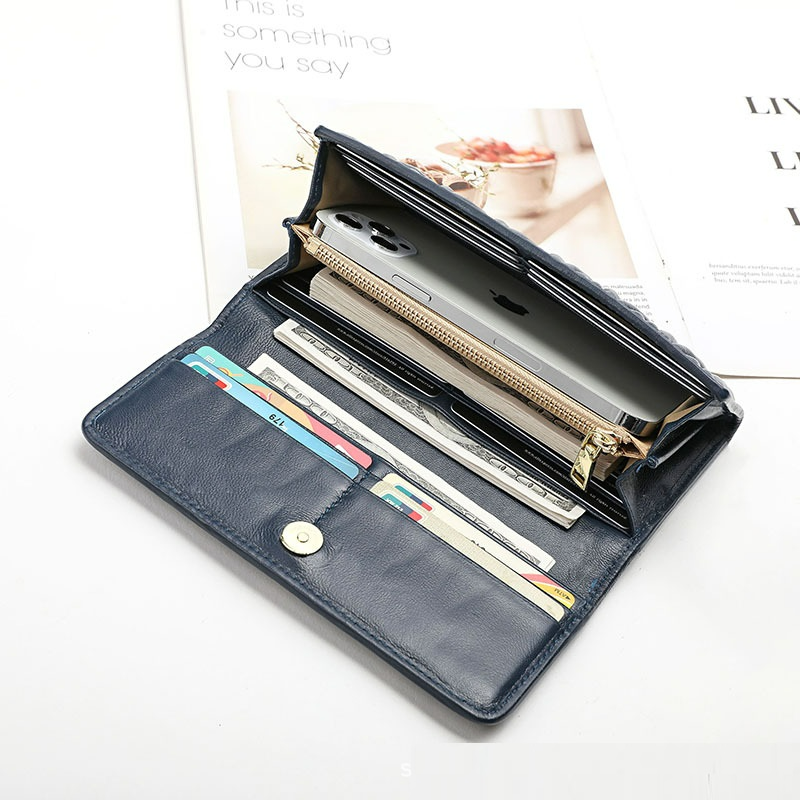Damen Geldbörse aus Echtleder ⎜ Lange Brieftasche mit Faltenstruktur und mehreren Kartenfächern