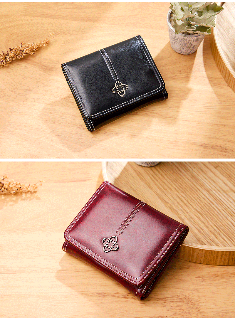 Damen Geldbörse im Vintage-Stil ⎜ Kurze Dreifach-Brieftasche aus Leder mit stilvollem Design und praktischen Fächern