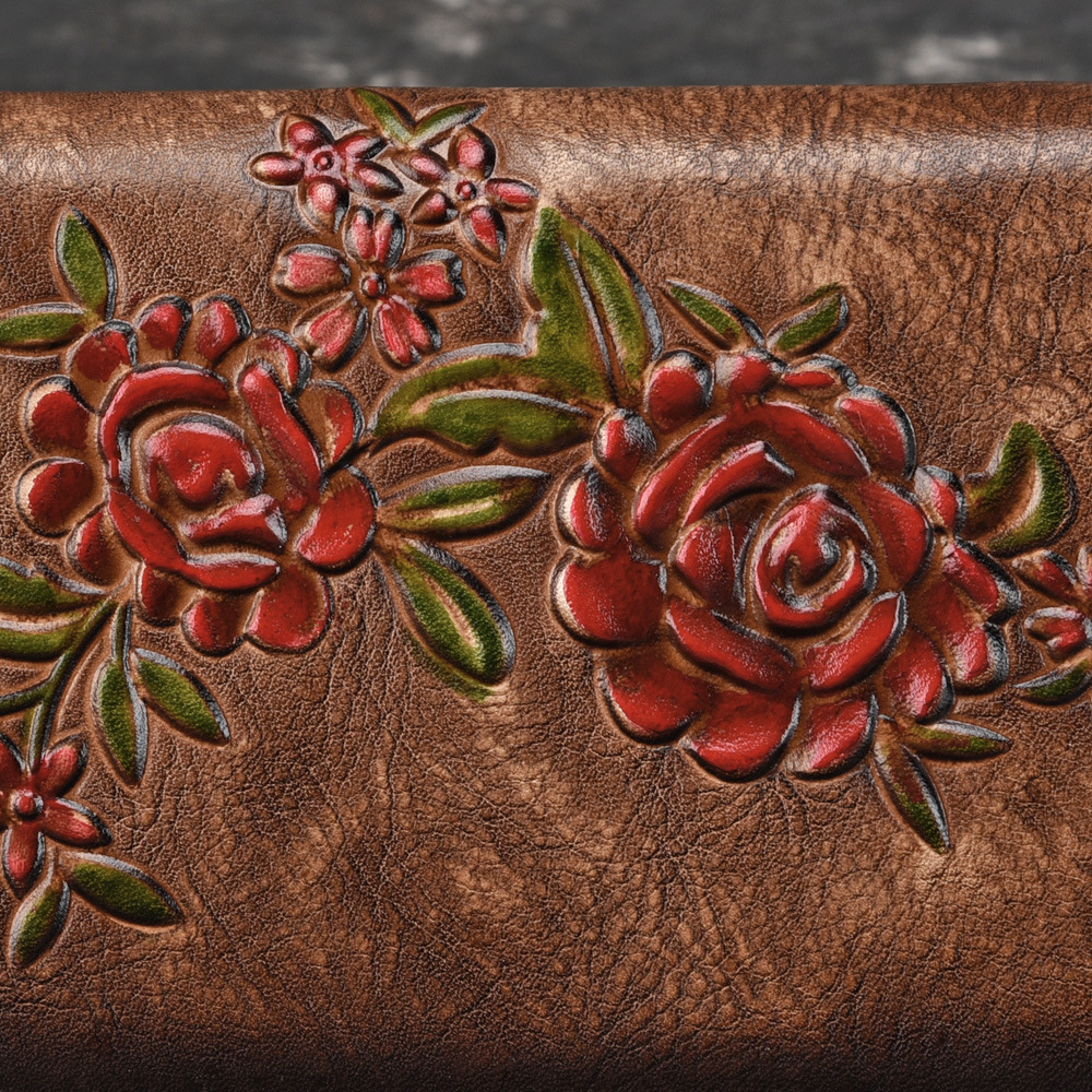 Damen Geldbörse aus Echtleder ⎜ Handtasche mit Rosenprägung, Reißverschluss und abnehmbarem Handgelenkriemen