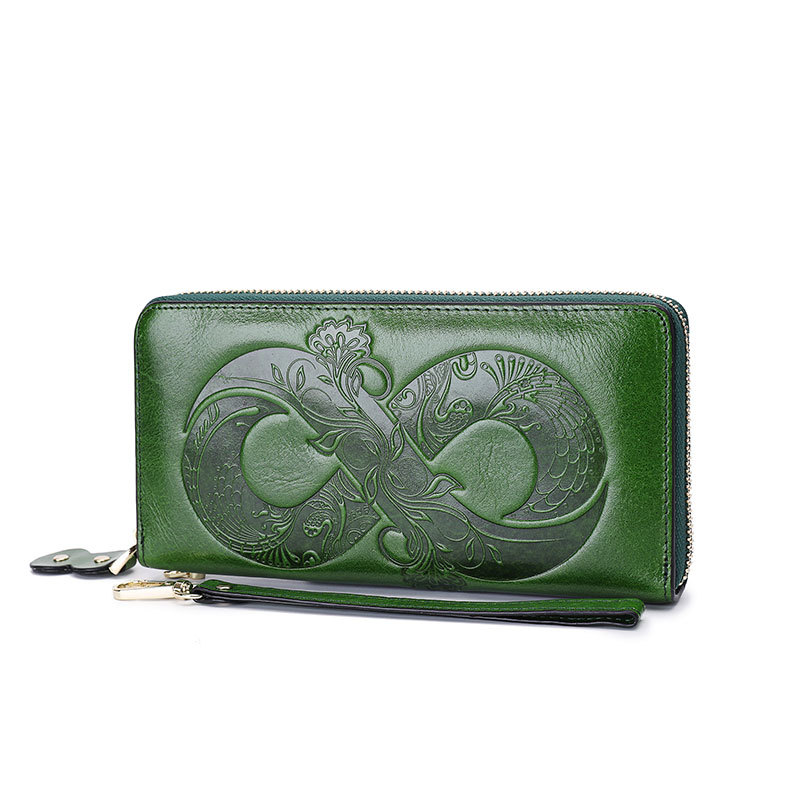Damen Geldbörse aus Echtleder ⎜ Retro Clutch mit Reißverschluss und floraler Prägung