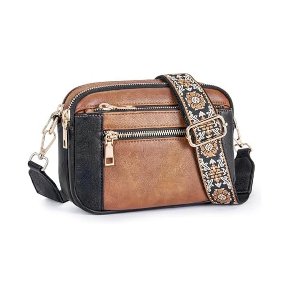 Umhängetasche für Damen ⎜ Kompakte Crossbody Tasche mit mehreren Reißverschlussfächern und breitem Ethno-Riemen