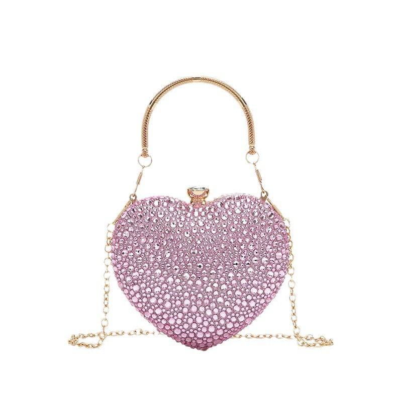 Abendtasche im Herz-Design ⎜ Glitzernde Handtasche mit Diamantenbesatz und Goldener Kette