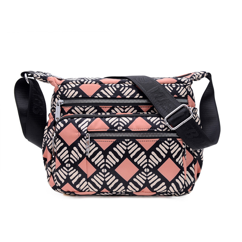 Umhängetasche für Damen ⎜ Leichte Schultertasche aus Nylon mit buntem Print und mehreren Reißverschlussfächern
