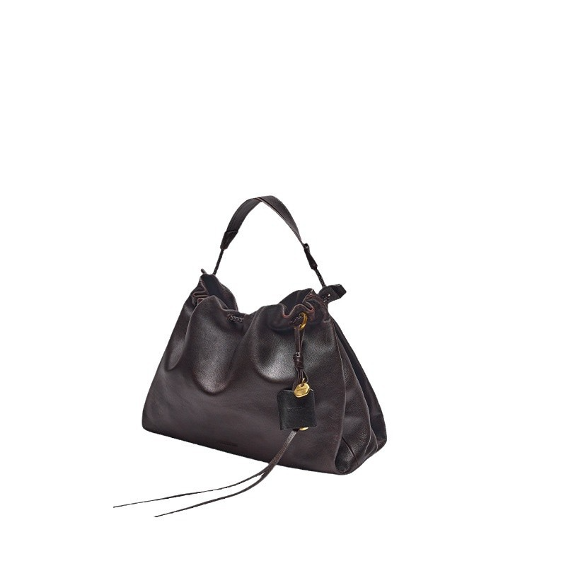 Damen Schultertasche aus Leder ⎜ Große Beuteltasche mit Kordelzug und variablem Trageriemen