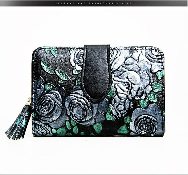 Damen Kurz-Geldbörse aus Leder ⎜ Stilvolle Brieftasche mit Blumenprägung und praktischem Druckknopfverschluss