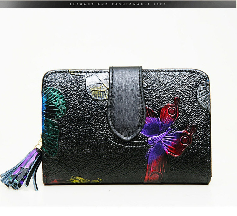 Damen Kurz-Geldbörse aus Leder ⎜ Stilvolle Brieftasche mit Blumenprägung und praktischem Druckknopfverschluss