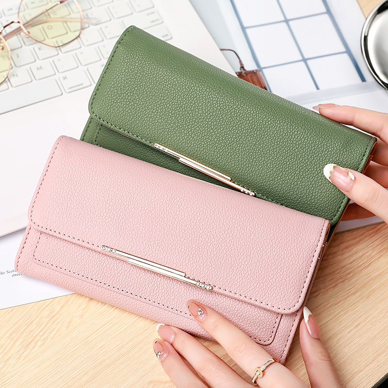 Damen Tri-Fold Geldbörse ⎜ Elegantes Portemonnaie mit Litchi-Prägung und viel Stauraum