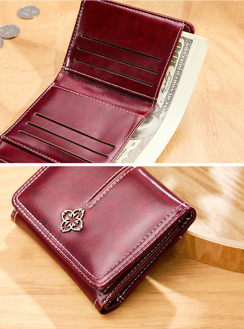 Damen Geldbörse im Vintage-Stil ⎜ Kurze Dreifach-Brieftasche aus Leder mit stilvollem Design und praktischen Fächern