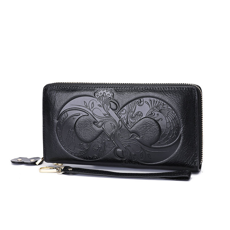 Damen Geldbörse aus Echtleder ⎜ Retro Clutch mit Reißverschluss und floraler Prägung