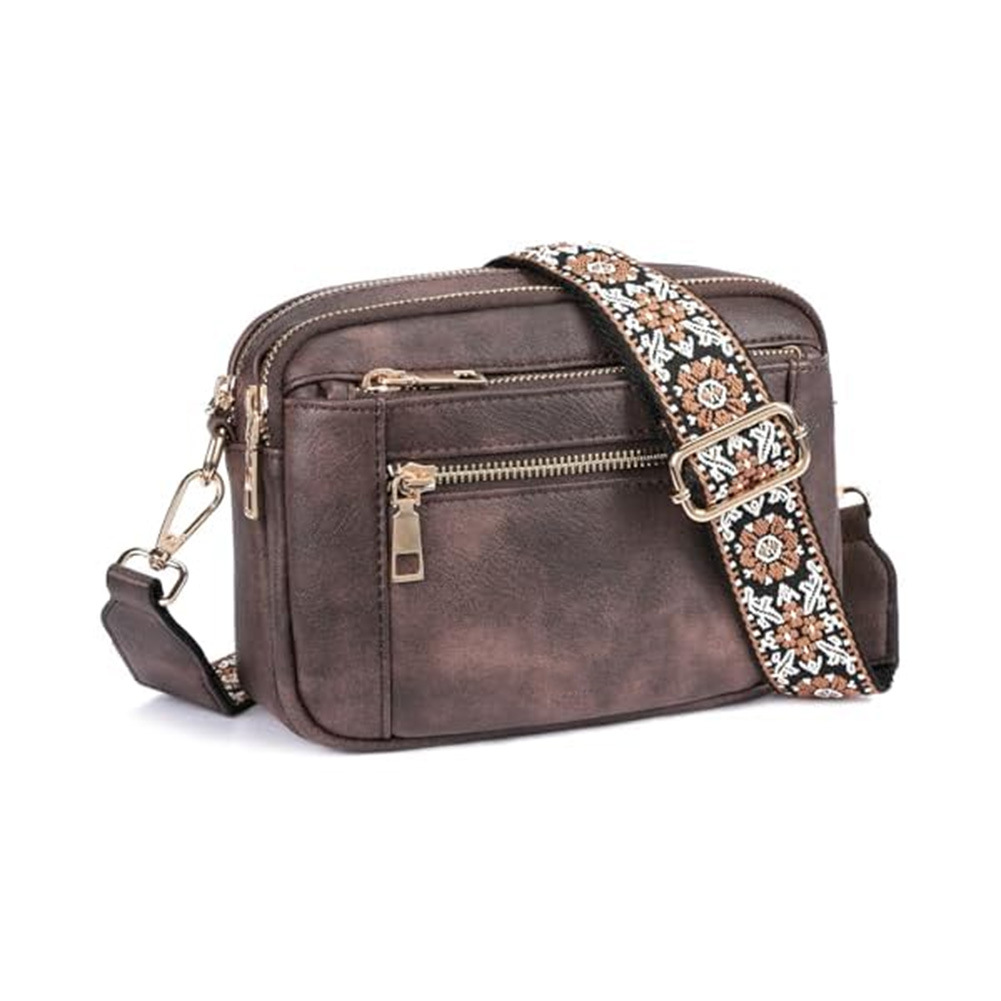 Umhängetasche für Damen ⎜ Kompakte Crossbody Tasche mit mehreren Reißverschlussfächern und breitem Ethno-Riemen