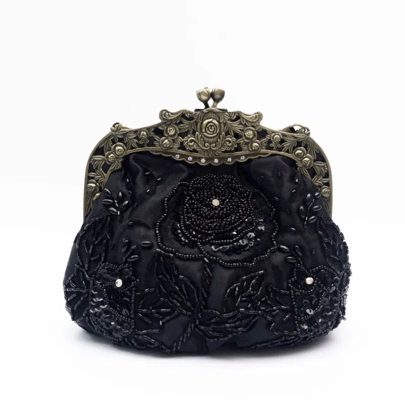 Clutch für Damen ⎜ Vintage Abendtasche mit Rosenstickerei, Perlenbesatz und elegantem Metallrahmen für festliche Anlässe