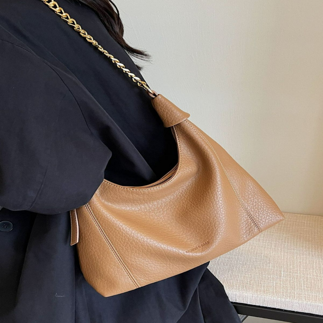 Damen Schultertasche aus Leder ⎜ Elegante Hobo Bag mit Kette für Alltag und Büro