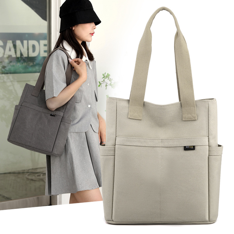 Canvas Schultertasche für Damen ⎜ Robuste Tragetasche mit Außenfächern für Schule, Büro und Freizeit im Sommer