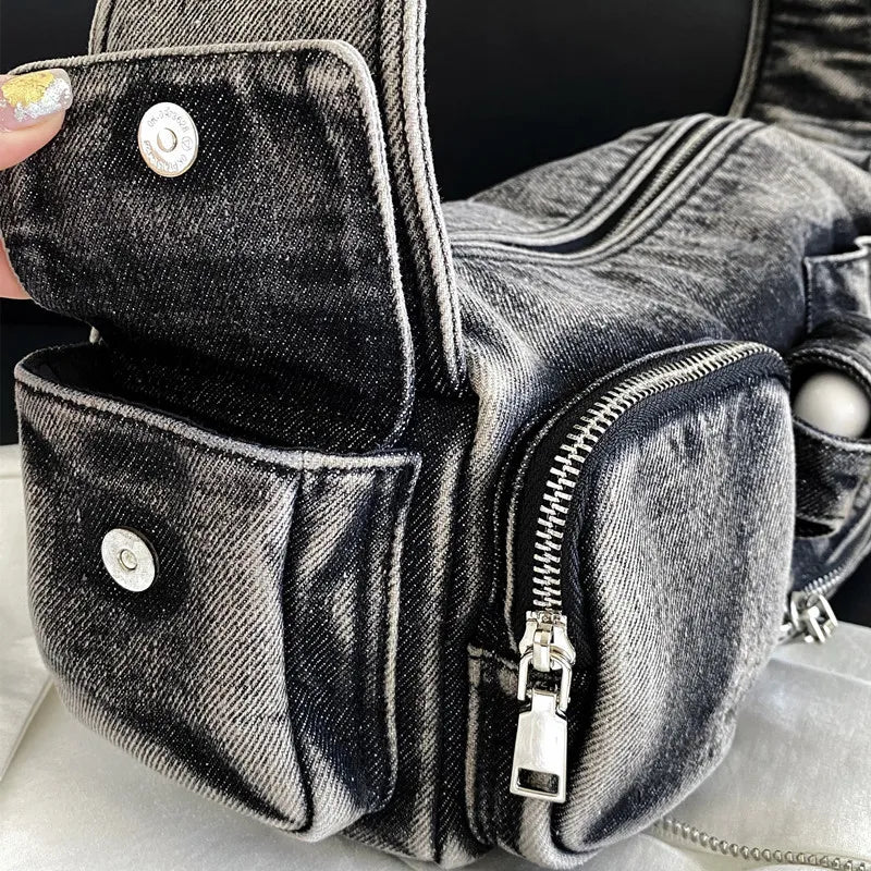 Schultertasche für Damen ⎜ Retro-Umhängetasche aus Denim mit mehreren Reißverschlussfächern für Alltag und Freizeit