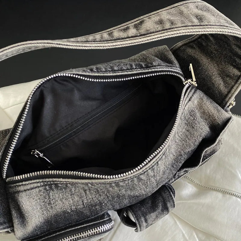 Schultertasche für Damen ⎜ Retro-Umhängetasche aus Denim mit mehreren Reißverschlussfächern für Alltag und Freizeit