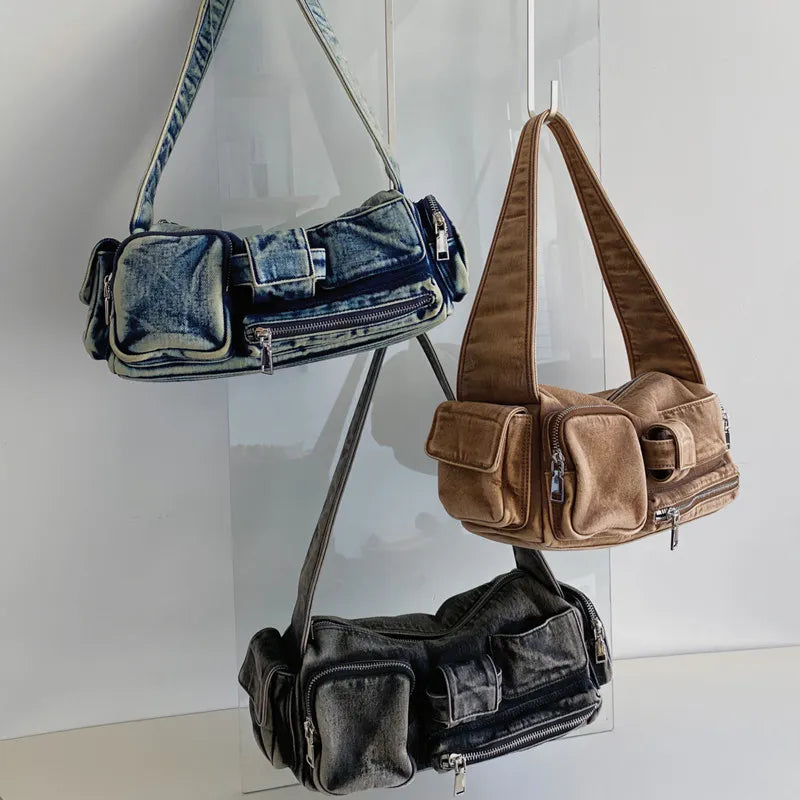 Schultertasche für Damen ⎜ Retro-Umhängetasche aus Denim mit mehreren Reißverschlussfächern für Alltag und Freizeit