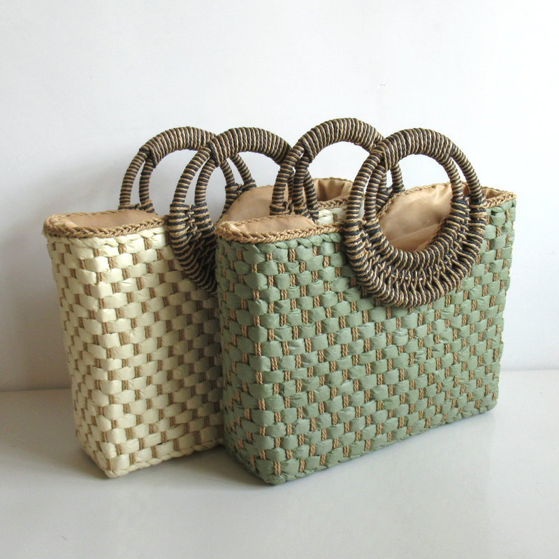 Strohtasche mit Rundgriffen ⎜ Kleine Handtasche für Sommer, Picknick oder Strand mit kompaktem Design