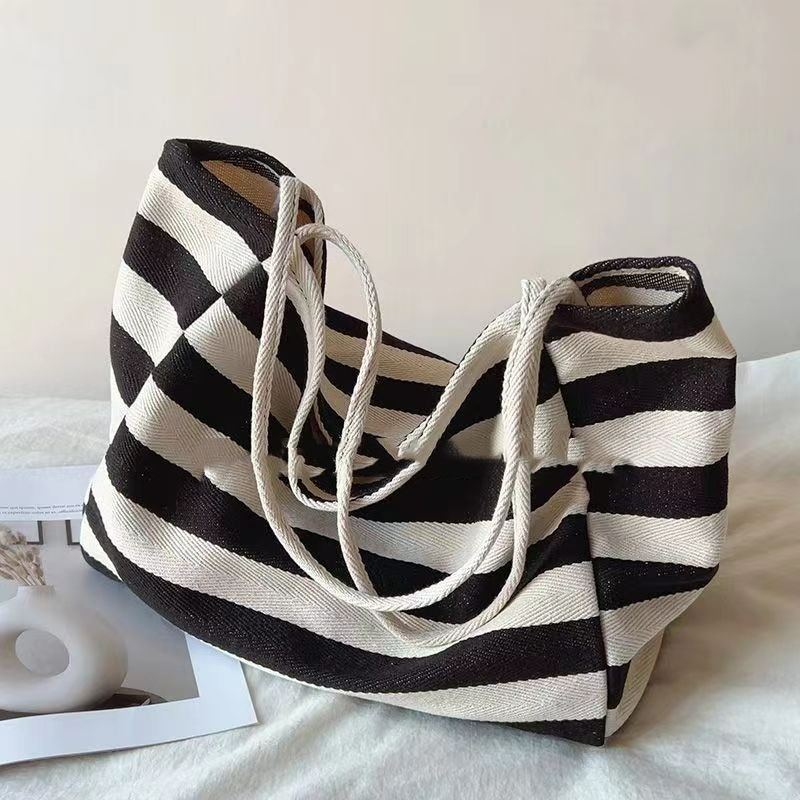 Shopper Tasche für Damen ⎜ Gestreifte Canvas-Tasche mit Kordelgriffen und viel Platz für Alltag und Freizeit