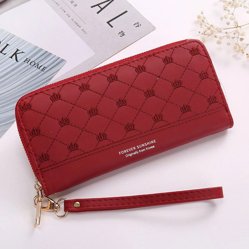 Damen Clutch Geldbörse mit Krönchen-Stickerei ⎜ Lange Reißverschlussbörse mit Handschlaufe und edlem Muster
