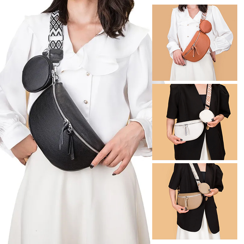 Bauchtasche für Damen ⎜ Modische Crossbody Tasche aus Leder mit breitem Gurt für Reisen und Alltag