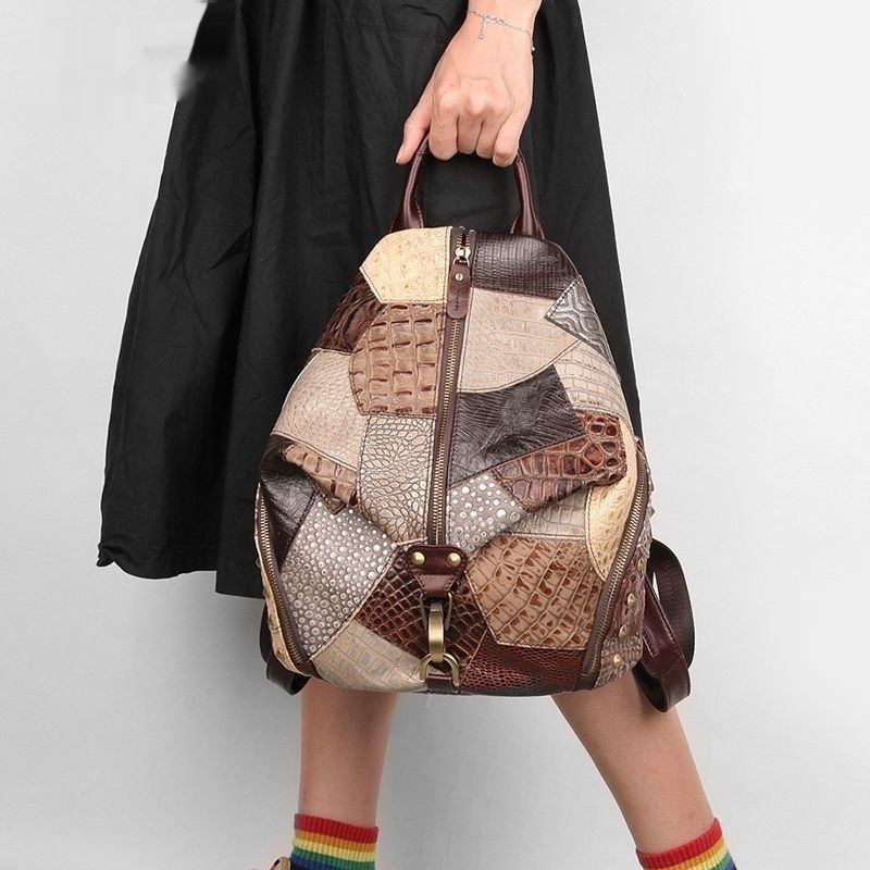 Damen Rucksack aus Patchwork-Leder ⎜ Geräumiger Vintage-Rucksack mit Reißverschluss und Tragegriffen