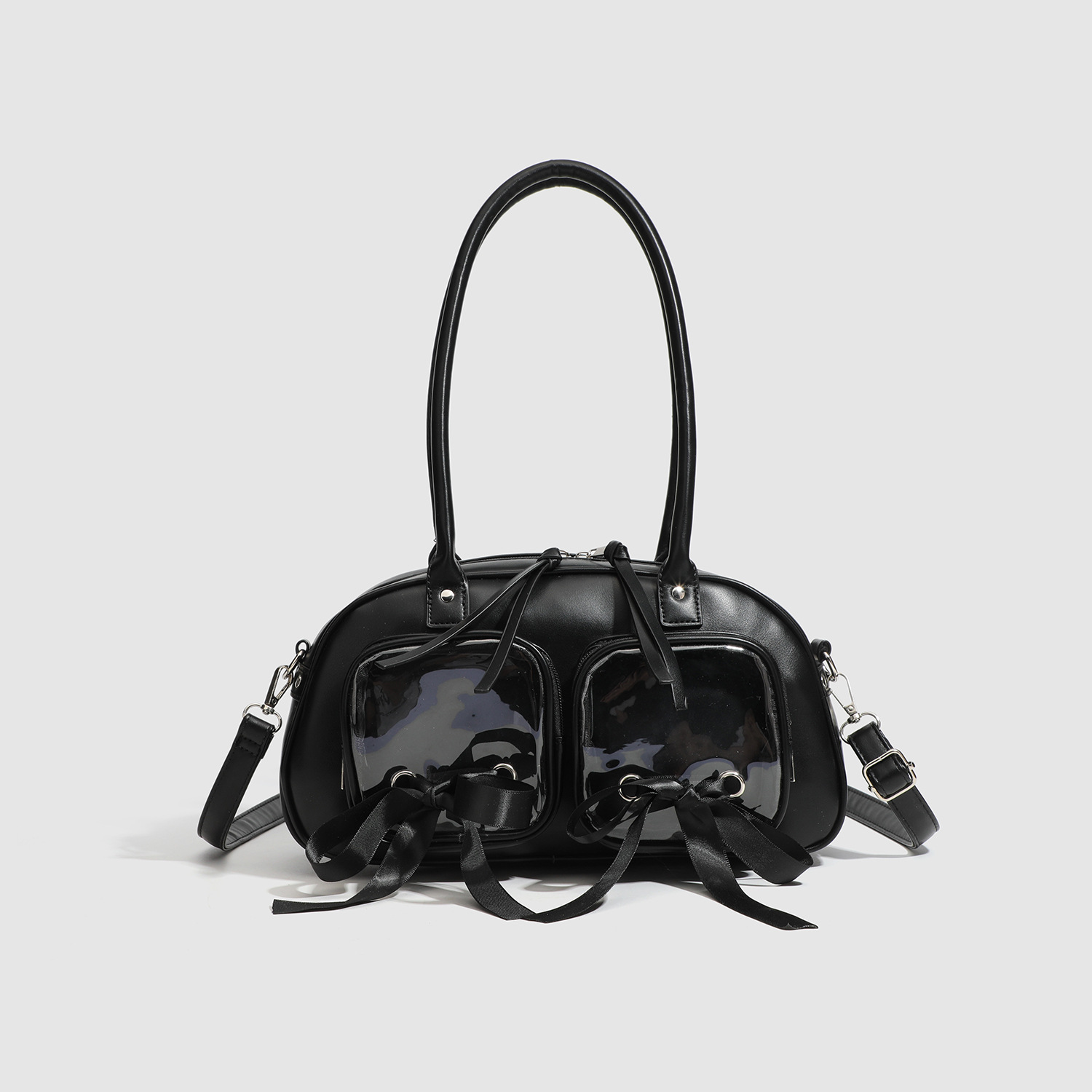 Schultertasche für Damen ⎜ Stilvolle Bowling-Bag mit Zierschleifen und praktischen Fronttaschen