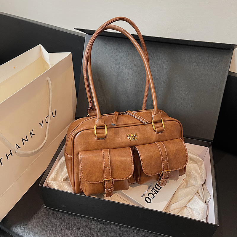 Damen Schultertasche Vintage ⎜ Geräumige Boston-Tasche mit Zwei Frontfächern und Stabilem Grif