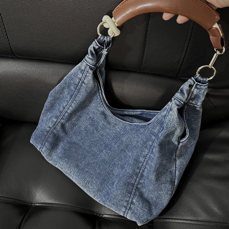 Casual Schultertasche für Damen ⎜ Stilvolle Handtasche aus Denim mit elegantem Ledergriff