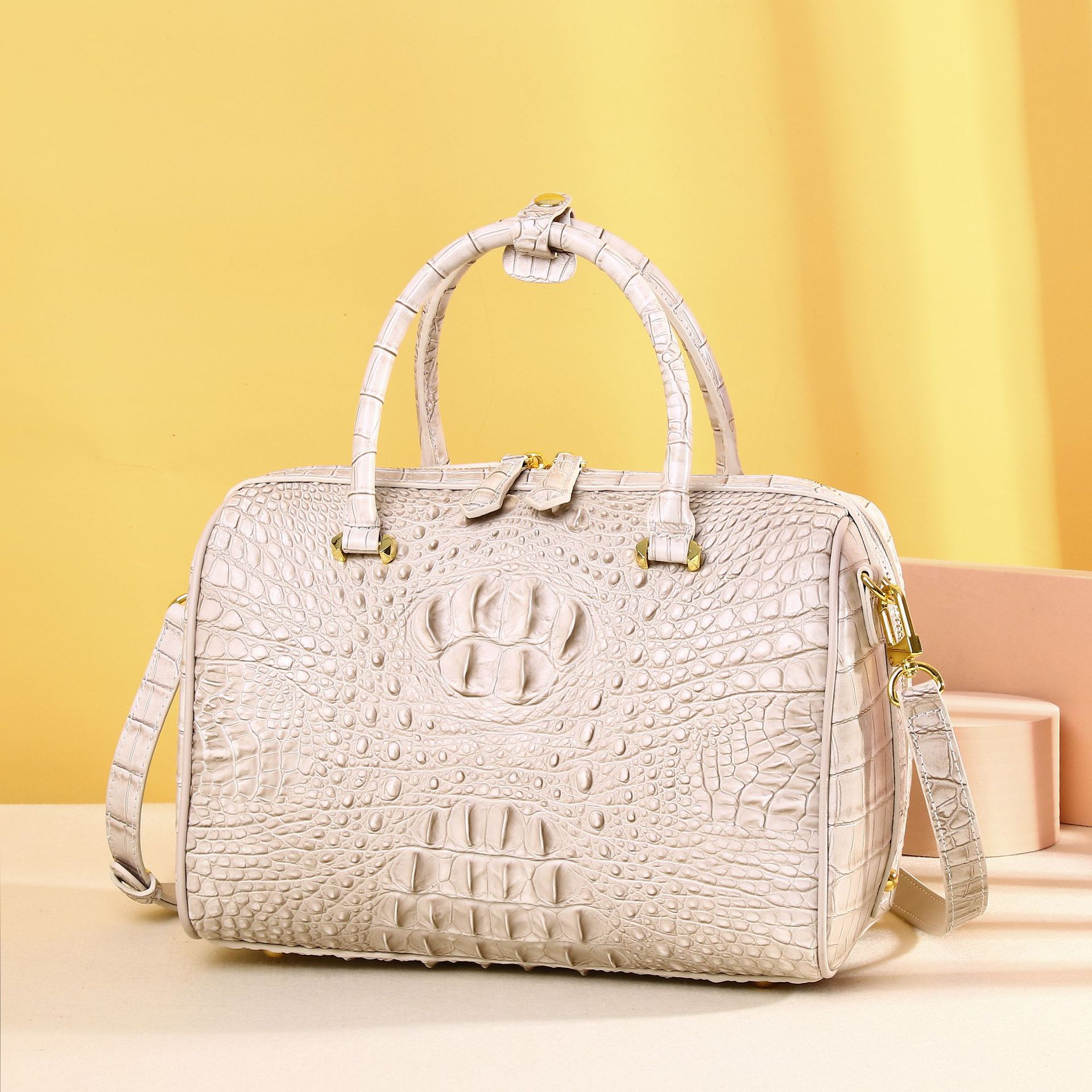 Damen Handtasche in Krokodiloptik ⎜ Klassische Schultertasche mit Henkel und Riemen für stilvolle Auftritte