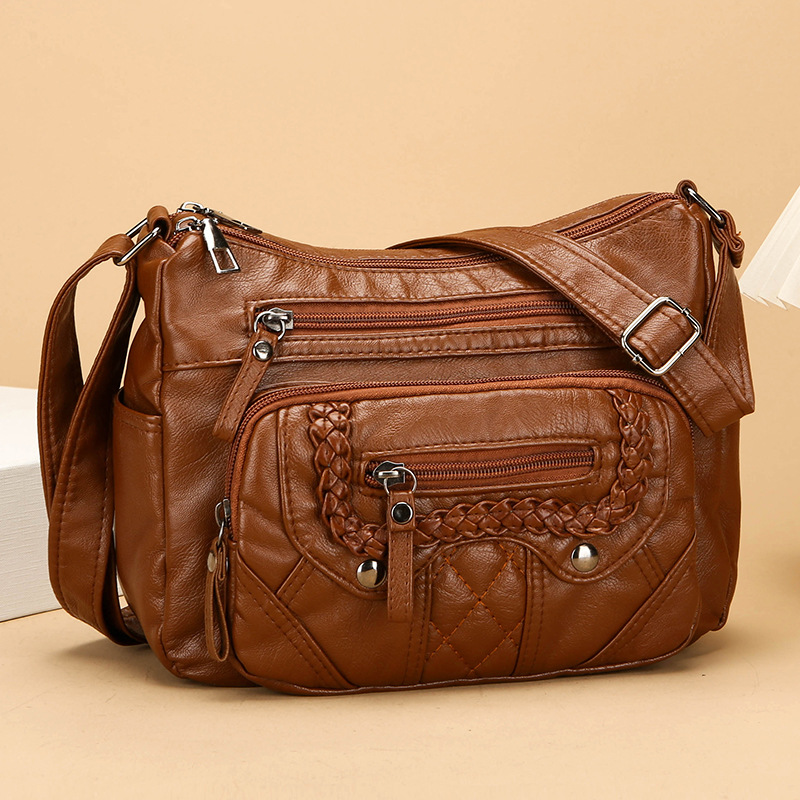 Umhängetasche für Damen ⎜ Weiche Schultertasche aus Leder mit Ziernähten und praktischen Reißverschlussfächern