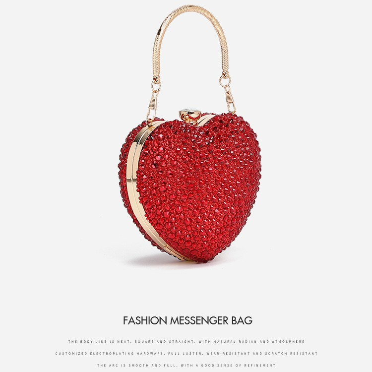 Abendtasche im Herz-Design ⎜ Glitzernde Handtasche mit Diamantenbesatz und Goldener Kette