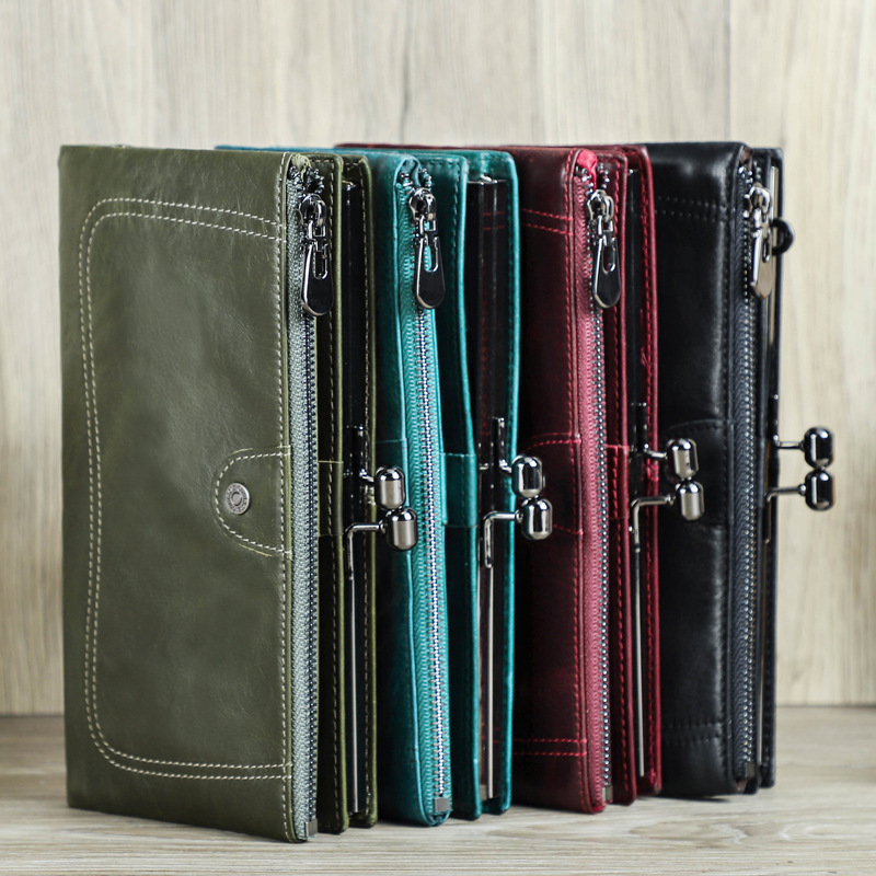 Damen Geldbörse aus Echtleder ⎜ Elegante Langbörse mit Metallverschluss und mehreren Reißverschlussfächern