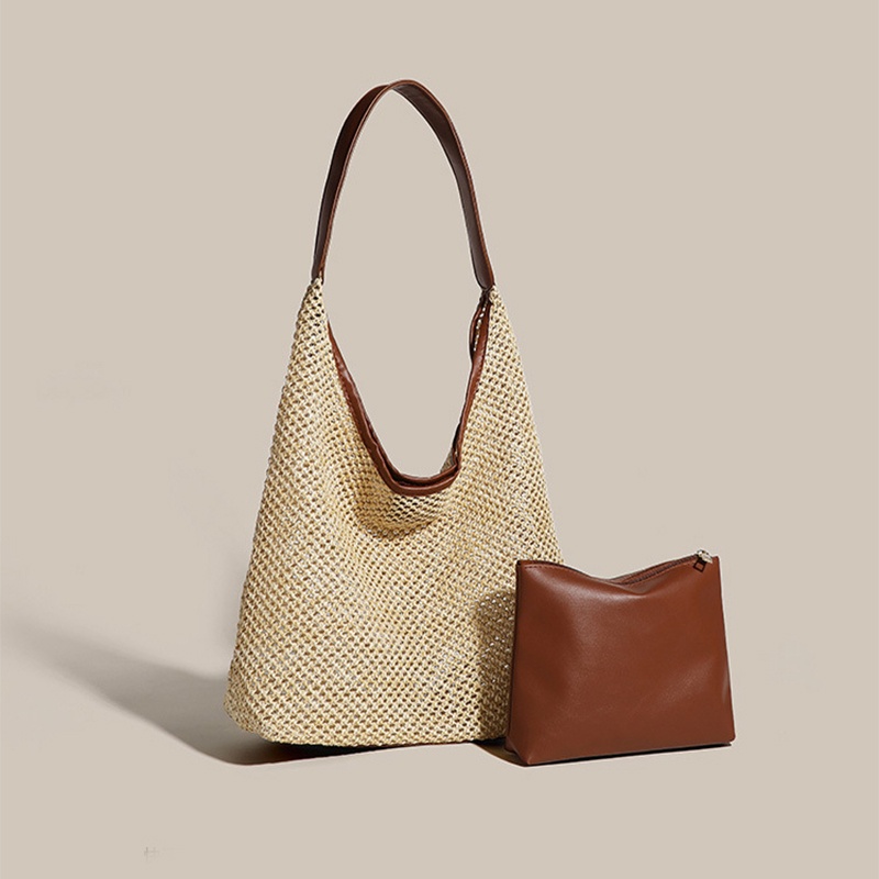 Strandtasche aus Strohgeflecht ⎜ Große Schultertasche mit Retro-Design und Innenfach aus Kunstleder