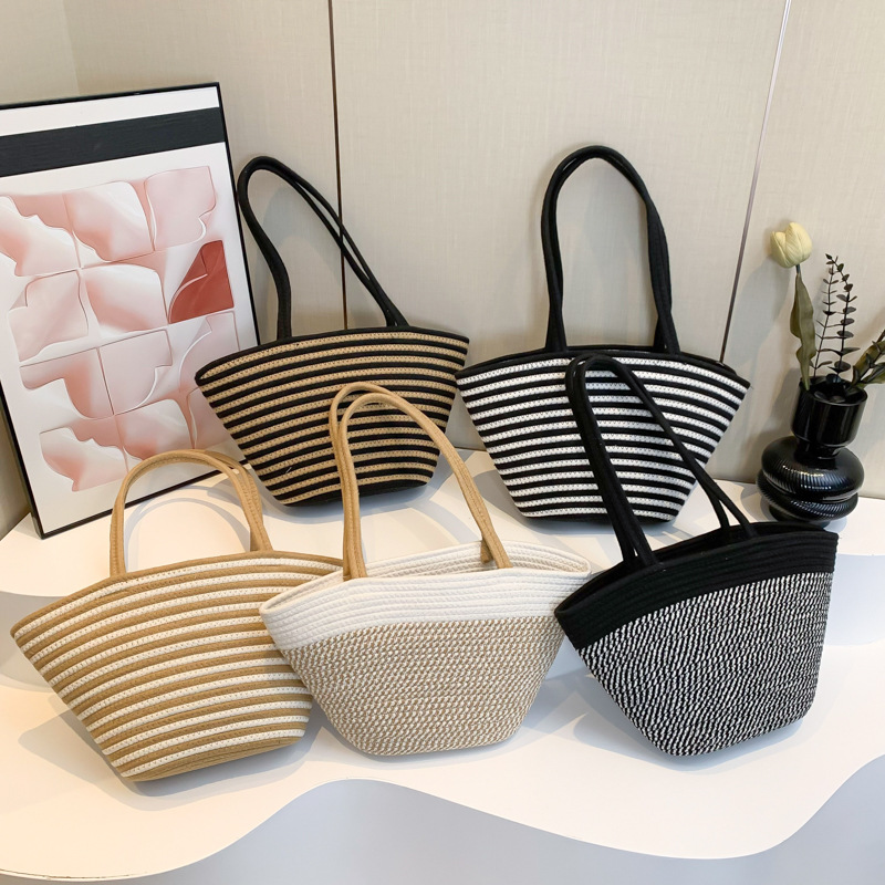 Stroh-Handtasche im Frühlings-Design ⎜ Große Kapazität mit Modernem Kontrastfarben-Look