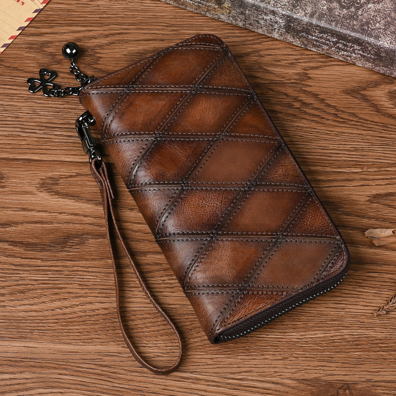 Damen Handy Tasche mit Reißverschluss ⎜ Lange Geldbörse aus Leder mit Rautenmuster und viel Stauraum