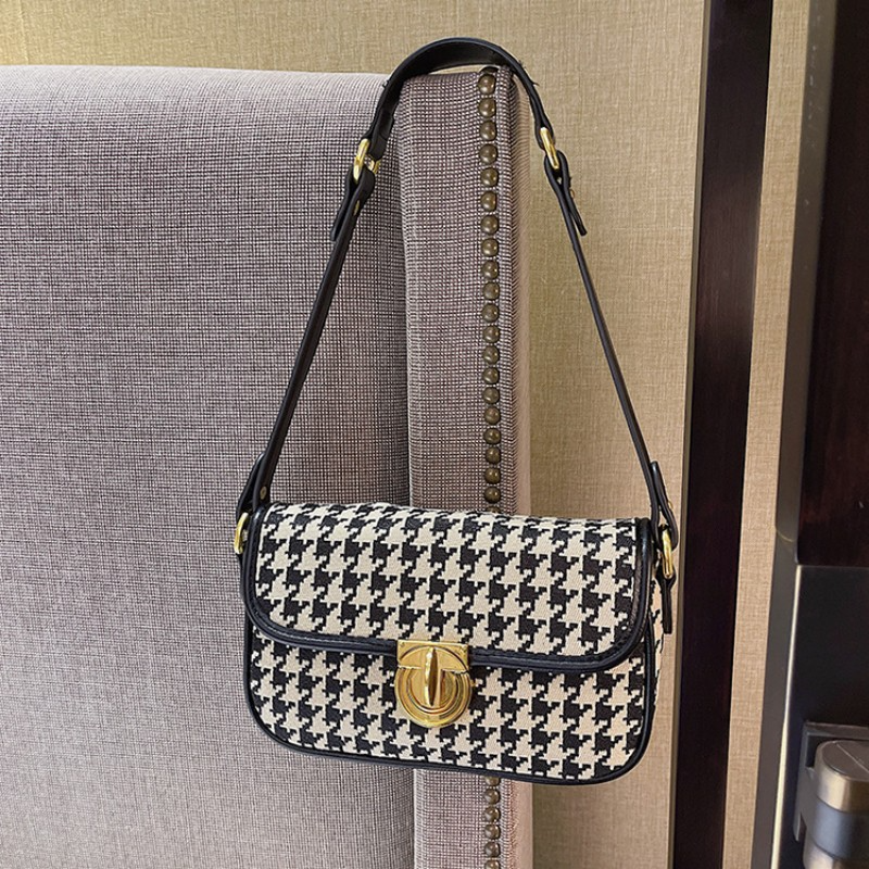 Damen Baguette Tasche ⎜ Schultertasche mit Hahnentrittmuster und Drehverschluss für stilvolle Outfits