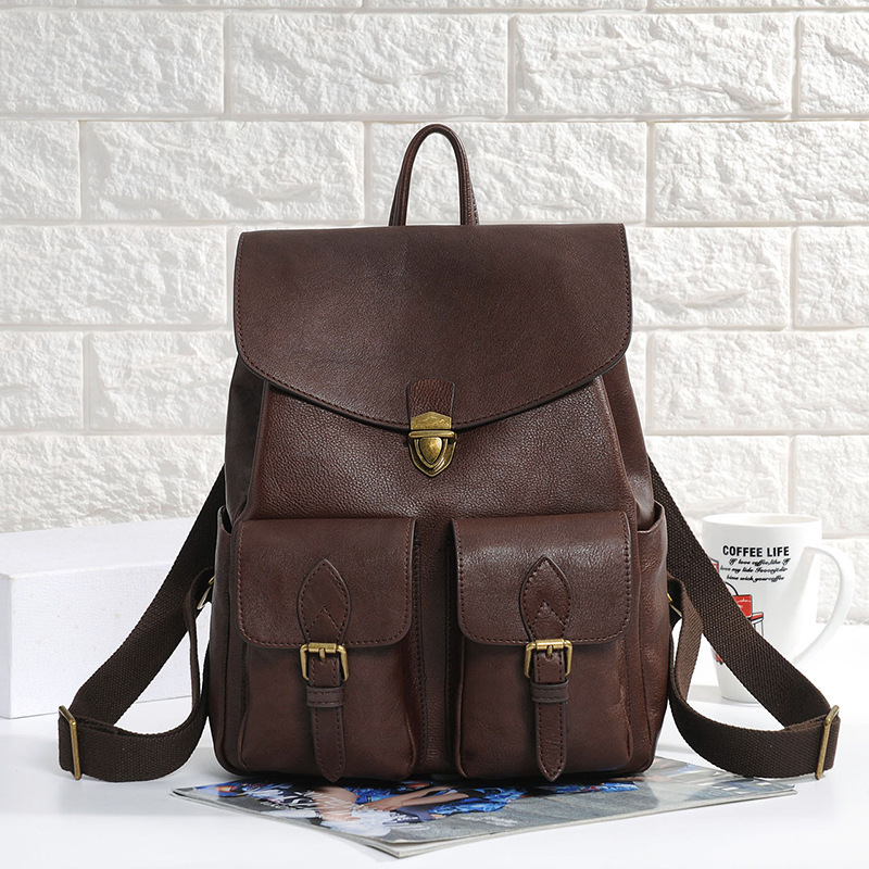 Damen Rucksack aus Echtleder ⎜ Vintage-Look mit Schnallenfächern und verstellbaren Schulterriemen für den Alltag