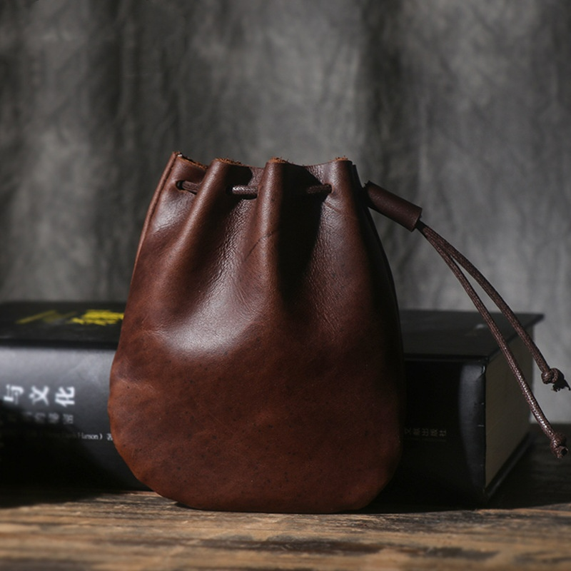 Leder Münzbeutel mit Kordelzug ⎜ Vintage-Geldbörse aus Rindsleder für Kleingeld und kleine Utensilien