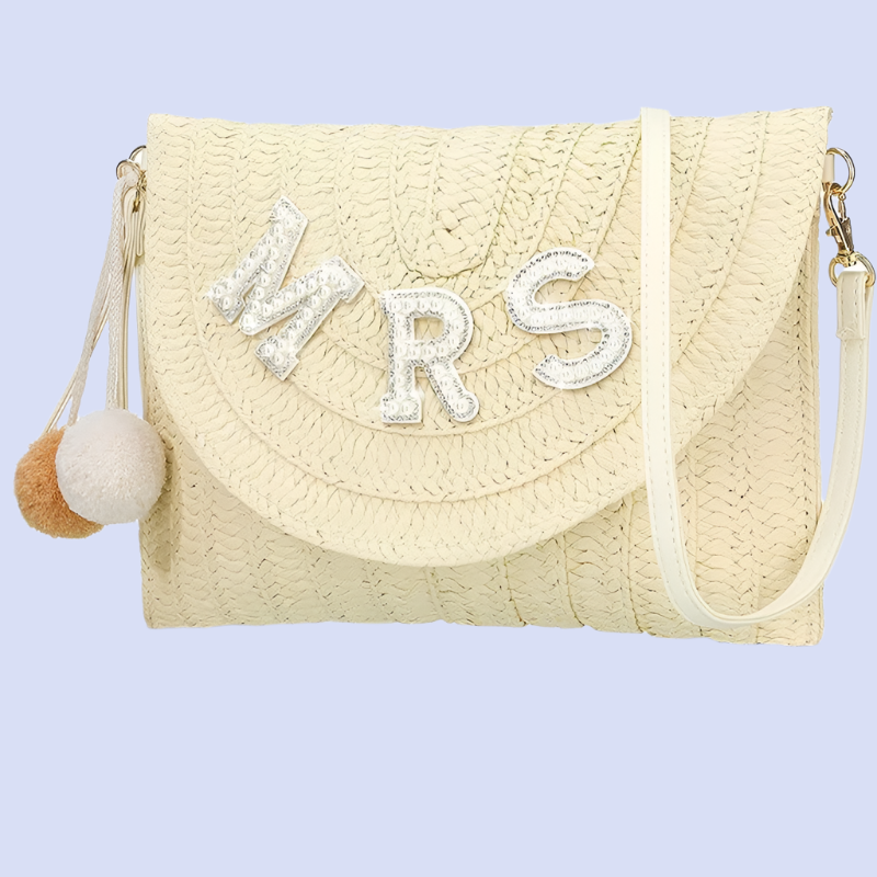 Umhängetasche aus Stroh für Damen ⎜ Stilvolle Clutch mit BRIDE-Schriftzug und Pompons für Junggesellinnenabschied