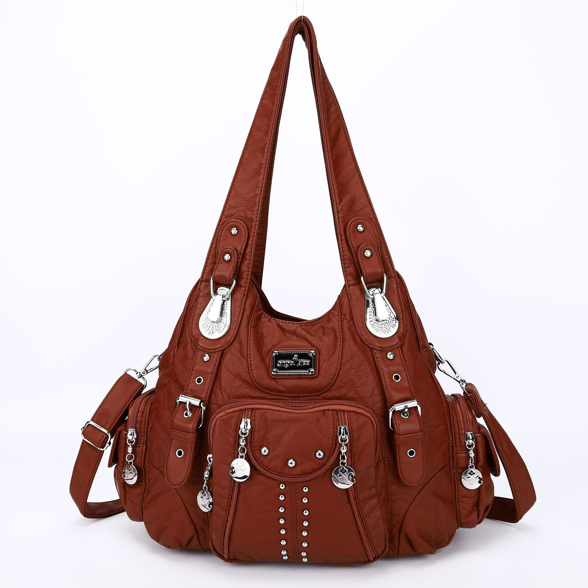 Damen Schultertasche mit Zieranhängern ⎜ Modisches Design mit praktischen Außentaschen und verstellbarem Gurt