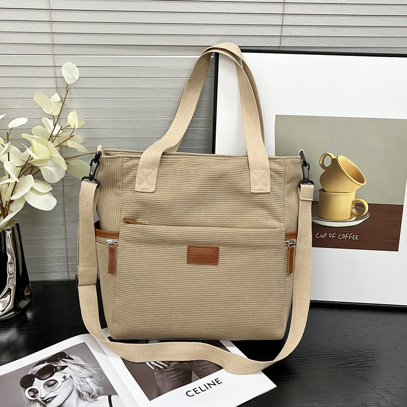 Beige Tote Bag für Damen ⎜ Robuste Cord-Tasche mit Leder-Details und Verstellbarem Schulterriemen
