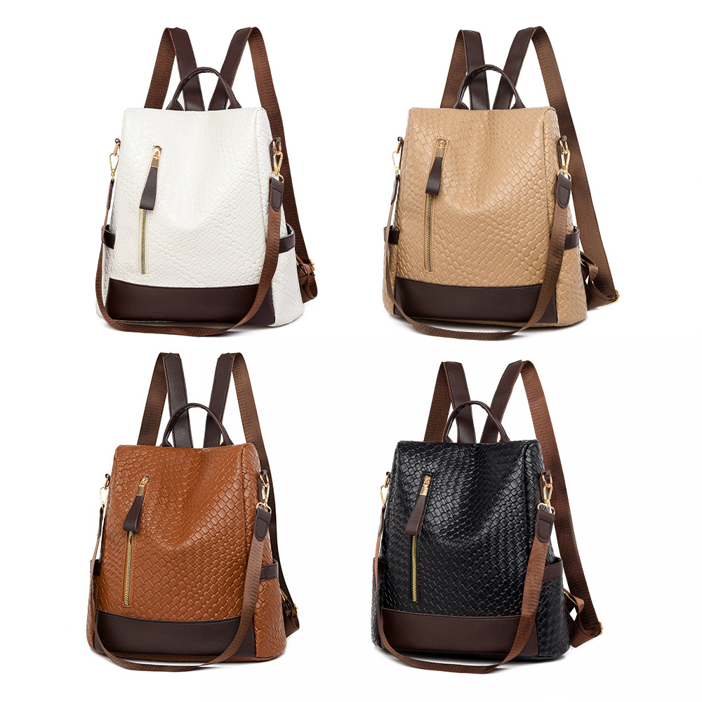 Damen Rucksack aus Weichem Leder ⎜ Modischer Flechtstil mit Reißverschluss und verstellbaren Schulterriemen