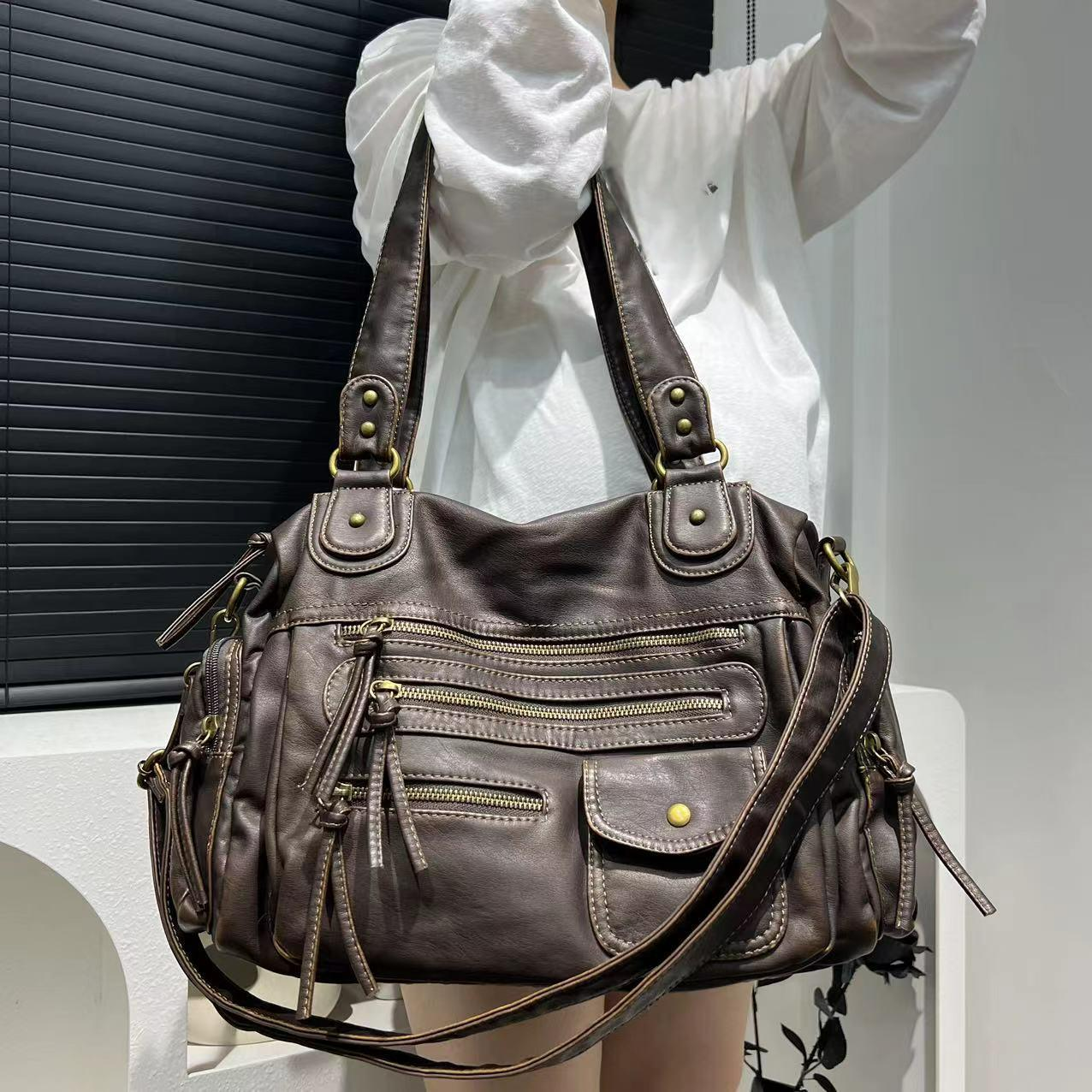Damen Handtasche ⎜ Vintage Look mit Viel Stauraum und Mehreren Reißverschlussfächern