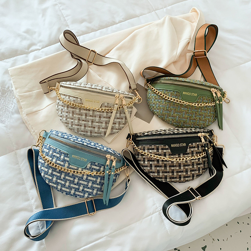 Damen Schultertasche mit Kettenriemen ⎜ Modisches Tweed-Design mit Reißverschluss und breitem Tragegurt